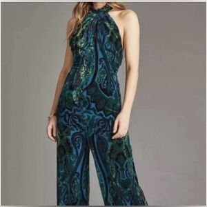 Eva Franco Anthropologie Teal & Blue Velvet Paisley Halter-Neck Jumpsuit 10 M L